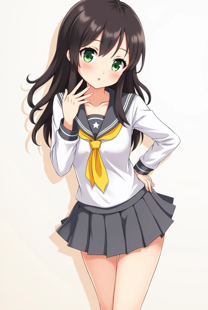 love live!,love live! sunshine!!,kurosawa dia,green eyes,hime cut,black hair,long hair,tsurime, love live! style, feet out of frame, best detailed girl, solo focus, posing, beautiful detailed fullbody, woman, 20 years old, long black hair, parted bangs, glossy hair, doyagao, flat chest best quality, love live! sunshine!!,gray skirt,white shirt,yellow sailor scarf,gray sailor collar,sleeveless,blow a kiss,wink