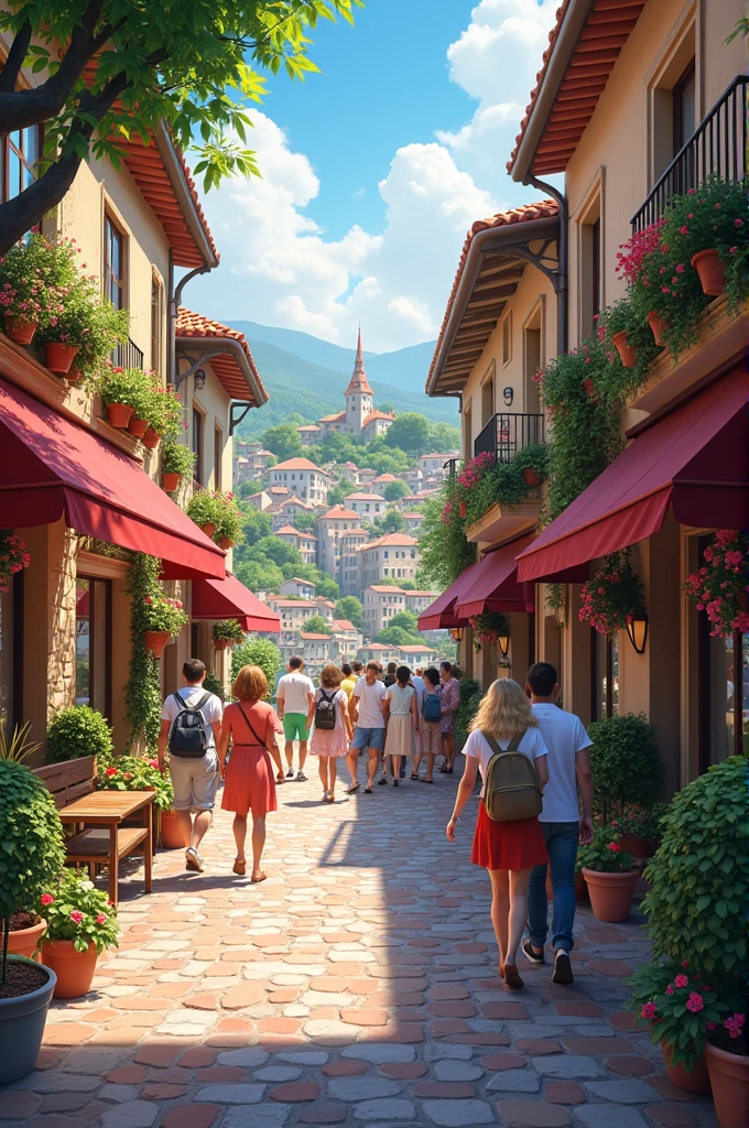 A cobbled street with an attractive view, People walking and laughter in the background