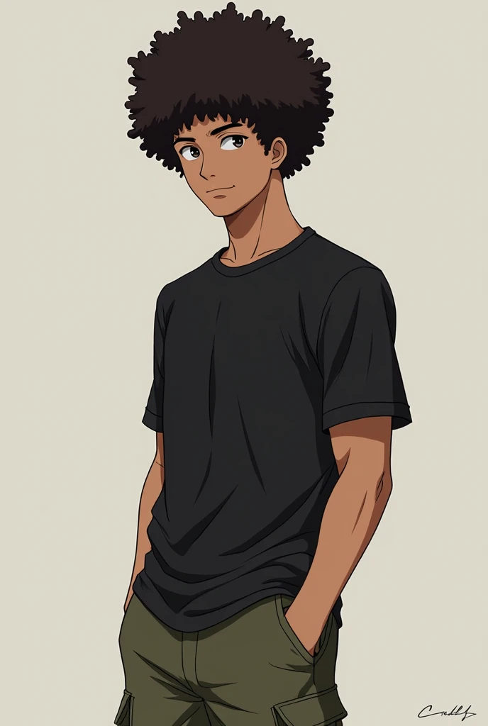 Man in black t-shirt and military pants full body afro anime version