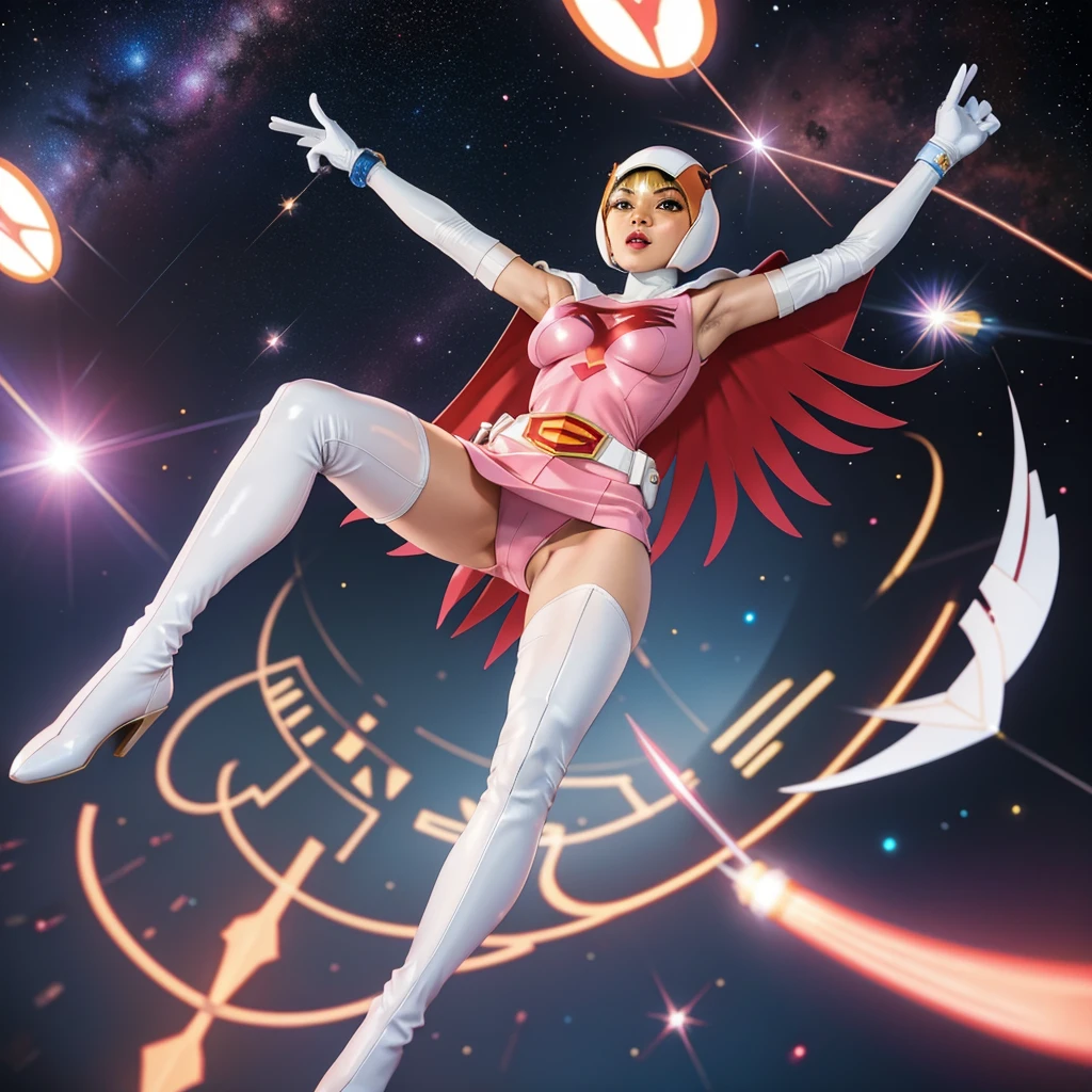 ANI_CLASSIC_jun_gatchaman_ownwaifu,1girl, 15yo,good anatomy, masterpiece, best quality, realistic, hyper realistic, 16k hdr, breasts, large breasts, lipstick, makeup, gloves, cape, helmet, belt, elbow gloves, white gloves, mask, ultra miniskirt, leotard, spacesuit, white tight overknee highheel boots, pink dress, superhero, bodysuit, cleavage, erected nipples,(sexy pose, from below:1.2),(spread legs:1.1),cameltoe