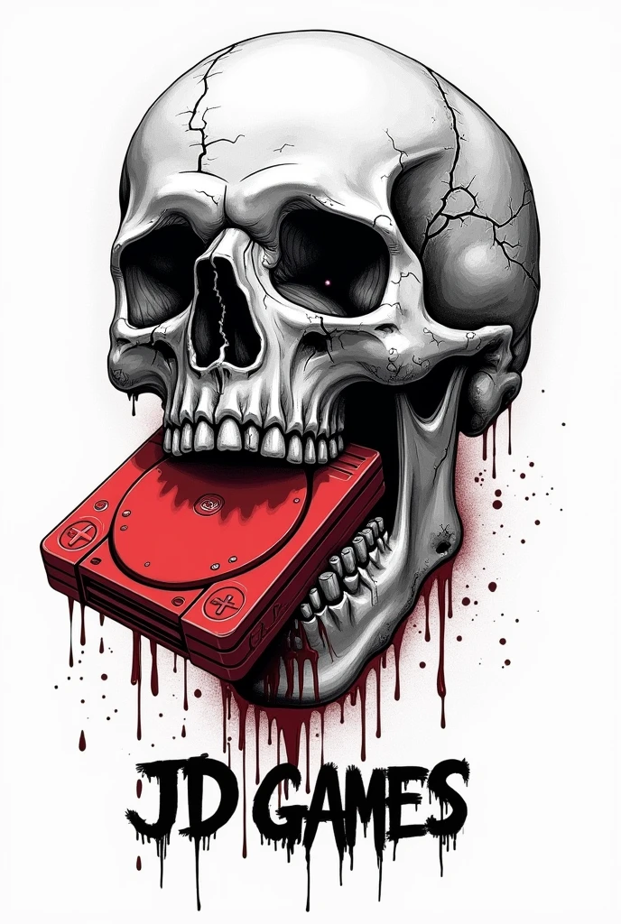 Black and white Facebook profile picture sized drawing with white background of a bleeding skull head with a red Playstation in its mouth, and below the skull is written JD GAMES in graffiti letters