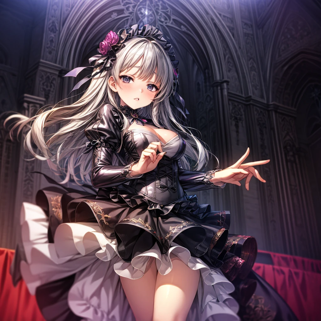 quality,8k,Highly detailed CG unit wallpaper, masterpiece,High resolution,top-quality, real texture skin,surreal,Increase the resolution,RAW Photos,highest quality,Very detailed,From below,Cool Beauty,Glamour Women, Cute pose,Gothic ta,A skirt full of frills, Red Embroidery,silver_Shiny long hair, Queen, world, Crystal Flower,Sparkling stained glass like a kaleidoscope,Majestic cathedral ,Detailed embroidery, Very layered ruffles, Detailed Texture,A geometric magic circle above your head,Decorated silver staff,