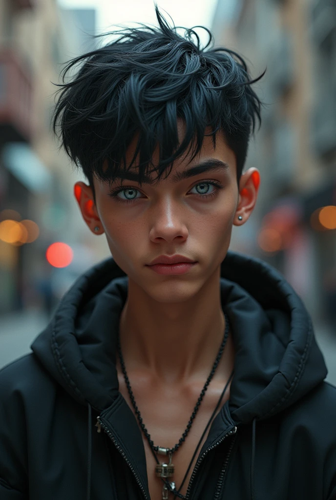 A young man, white skin and short black hair, with a cool haircut, gray blue eyes. Despite being young, he has a marked jaw., a treacherous smile. The face has a more rectangular shape, wears loose, dark clothes. Very urban style, half hip-hop. PICTURE REALISTIC.