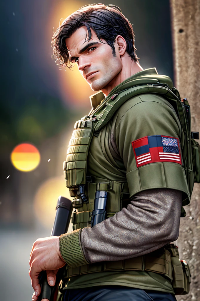 o ator Henry Cavill, fighting on the war front, rainy day in a multicam military uniform, wearing a Plate Carrier ForHonor American flag vest, with a military knife. (best quality, 4K, Cao Cao, master part:1.2), ultra detali, (Realistic, photorrealistic, photo-realistic:1.37), HDR, uhd, studio lighting, extreme detail description, proffesional, vivid colors, bokeh, portraite.