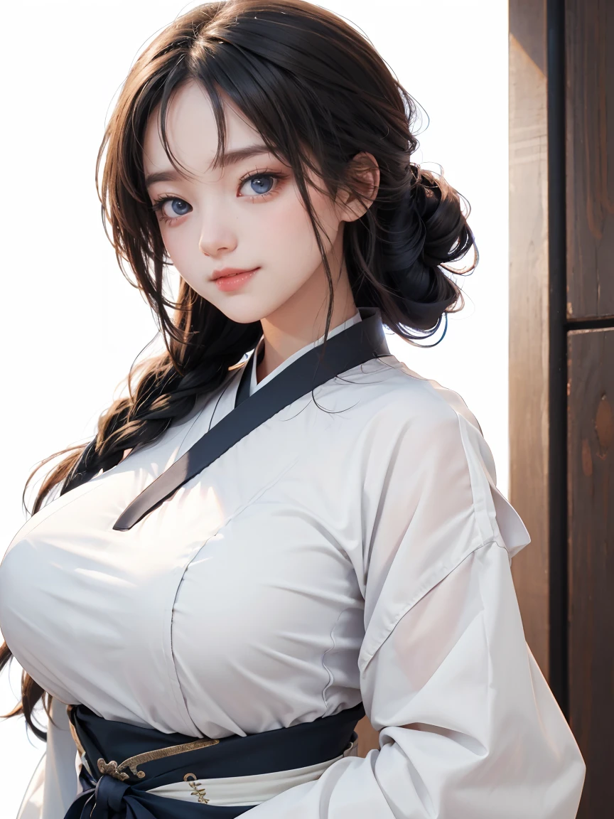 eye makeup , cute girl , detailed eyes , tied hairstyle , white background , face , huge breasts , bright smile , Hanfu