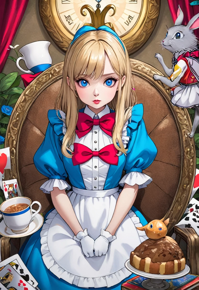 Alice in Wonderland、Trump&#39;s Soldiers、Light blue long hair、Beautiful girl with twin tails、Smiling and running through a bright forest、There are lots of colorful flowers at my feet