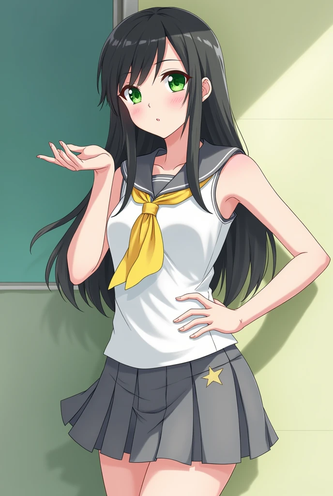 green colored eyes、Brown hair long、Green tie、Soft schoolgirl in miniskirt