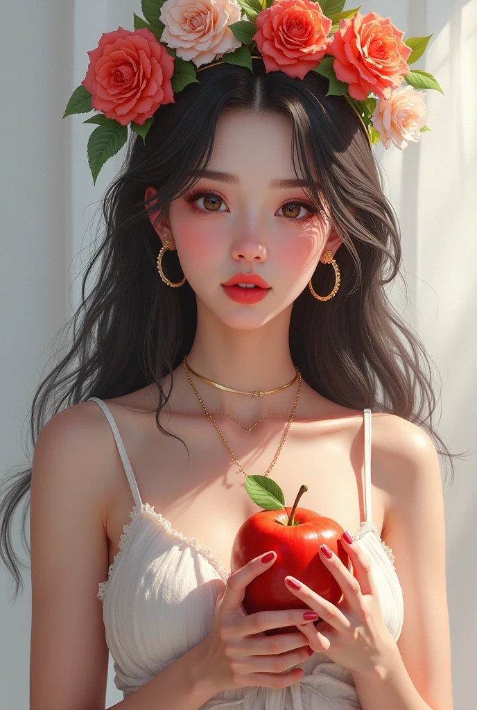 Hay una mujer sosteniendo una manzana y una corona de flores., portrait of Blanco como la nieve, obra de arte al estilo de guweiz, pale Blanco como la nieve skin, en el estilo artístico de bowater, loish y wlop, hermosa obra de arte digital, hermosa pintura de personajes, Blanco como la nieve, inspirado en WLOP, 4k de alta definición. Blanco como la nieve hair, pintura realista linda chica, Lalisa Manoban de Blackpink,(beautiful makeup :1.2), Wide hips, big, big ass, (best quality, 8K, masterpiece: 1.3), Clear focus: 1.2, Perfect body beauty: 1.4, strong abs, Very detailed face and skin texture. , detailed eyes, double eyelids, (long hair), having very marked curves, with greater volume in ((hips and breasts)), which makes the waist look much smaller ((wasp waist)).