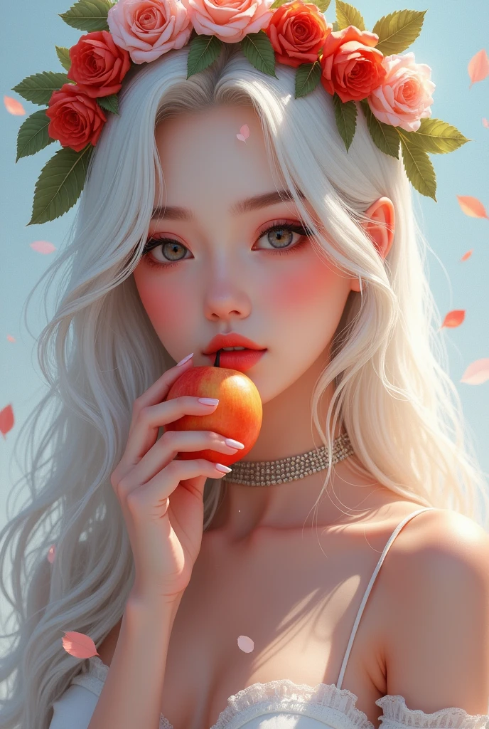 Hay una mujer sosteniendo una manzana y una corona de flores y de ojos verdes., portrait of Blanco como la nieve, obra de arte al estilo de guweiz, pale Blanco como la nieve skin, en el estilo artístico de bowater, loish y wlop, hermosa obra de arte digital, hermosa pintura de personajes, Blanco como la nieve, inspirado en WLOP, 4k de alta definición. Blanco como la nieve hair, pintura realista linda chica, Lalisa Manoban de Blackpink,(beautiful makeup :1.2), Wide hips, big, big ass, (best quality, 8K, masterpiece: 1.3), Clear focus: 1.2, Perfect body beauty: 1.4, strong abs, Very detailed face and skin texture. , detailed eyes, double eyelids, (long hair), having very marked curves, with greater volume in ((hips and breasts)), which makes the waist look much smaller ((wasp waist)).