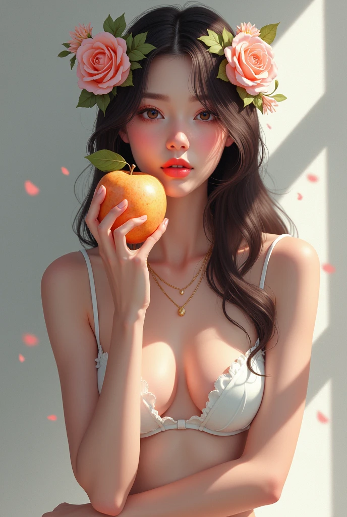Hay una mujer sosteniendo una manzana y una corona de flores., portrait of Blanco como la nieve, obra de arte al estilo de guweiz, pale Blanco como la nieve skin, en el estilo artístico de bowater, loish y wlop, hermosa obra de arte digital, hermosa pintura de personajes, Blanco como la nieve, inspirado en WLOP, 4k de alta definición. Blanco como la nieve hair, pintura realista linda chica, Lalisa Manoban de Blackpink,(beautiful makeup :1.2), Wide hips, big, big ass, (best quality, 8K, masterpiece: 1.3), Clear focus: 1.2, Perfect body beauty: 1.4, strong abs, Very detailed face and skin texture. , detailed eyes, double eyelids, (long hair), having very marked curves, with greater volume in ((hips and breasts)), which makes the waist look much smaller ((wasp waist)).