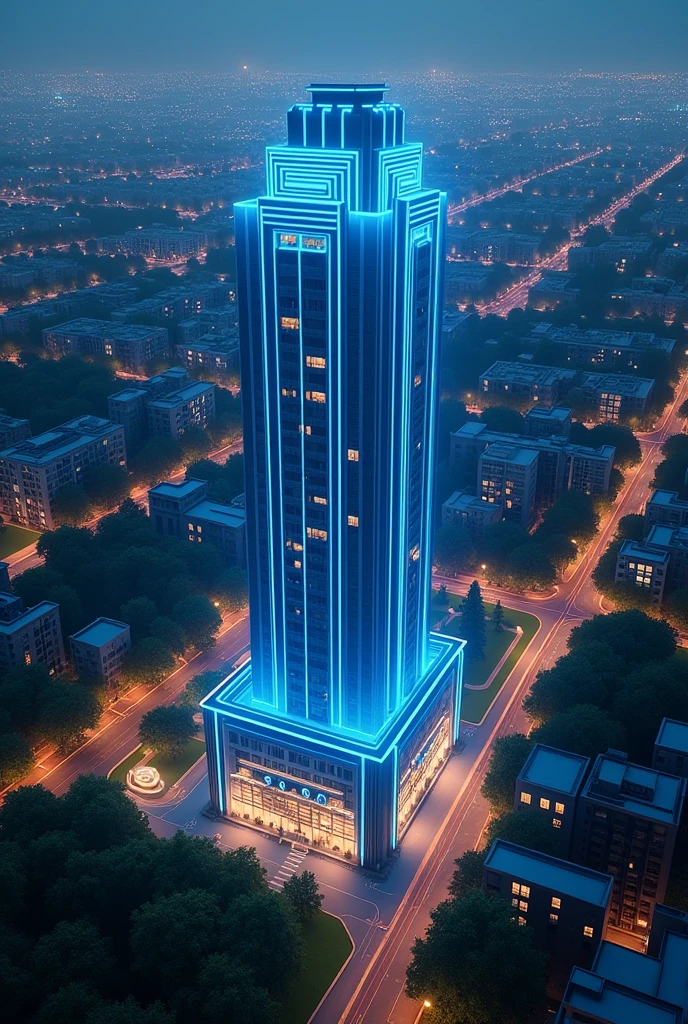 birdseye view, blue neon lights, art deco design，urban buildings，streamline moderne，futuristic architecture, Abstraction，modern style，Luxury and Luxury，Future night view，Futuristic decorative elements，Metallic，number line，sci-fi lamp，Virtual Engine，Unreal rendering, neon lights, apartments, restaurants, mixed use, multiple buildings, trees, parks, greenery, grass, green field, horizon, 