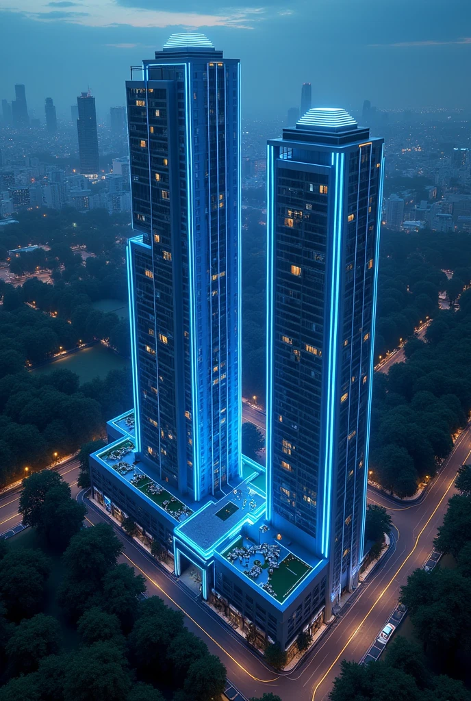 birdseye view, blue neon lights, art deco design，urban buildings，streamline moderne，futuristic architecture, Abstraction，modern style，Luxury and Luxury，Future night view，Futuristic decorative elements，Metallic，number line，sci-fi lamp，Virtual Engine，Unreal rendering, neon lights, apartments, restaurants, mixed use, multiple buildings, trees, parks, greenery, grass, green field, horizon, 