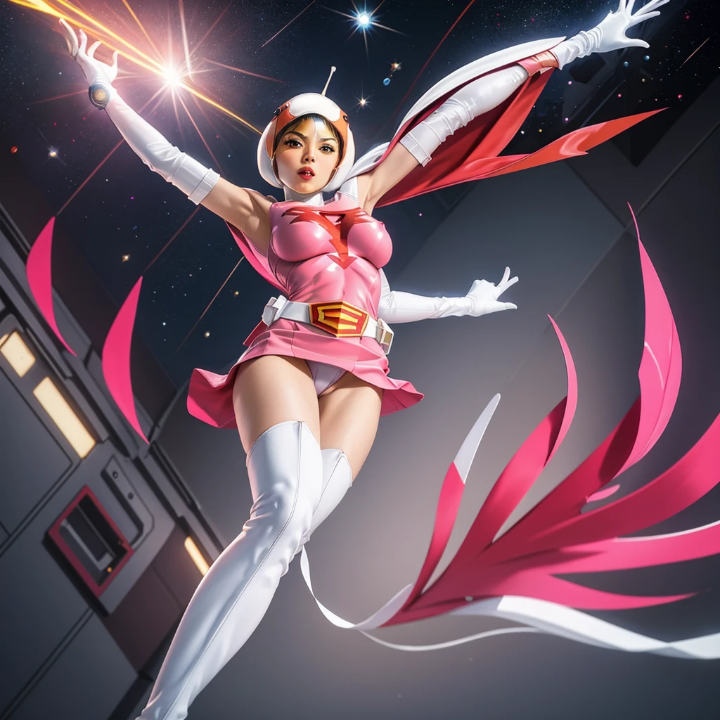 ANI_CLASSIC_jun_gatchaman_ownwaifu,1girl, ,good anatomy, masterpiece, best quality, realistic, hyper realistic, 16k hdr, breasts, large breasts, lipstick, makeup, gloves, cape, helmet, belt, elbow gloves, white gloves, mask, ultra miniskirt, leotard, spacesuit, white tight overknee highheel boots, pink dress, superhero, bodysuit, cleavage, erected nipples,(sexy pose, from below:1.2),(spread legs:1.1),cameltoe