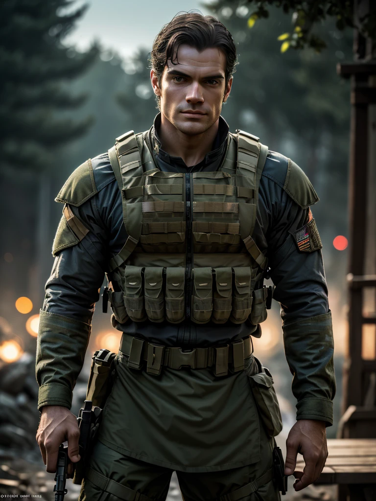 o ator Henry Cavill, fighting on the war front, rainy day in a multicam military uniform, wearing a Plate Carrier ForHonor American flag vest, with a military knife. (best quality, 4K, Cao Cao, master part:1.2), ultra detali, (Realistic, photorrealistic, photo-realistic:1.37), HDR, uhd, studio lighting, extreme detail description, proffesional, vivid colors, bokeh, portraite.