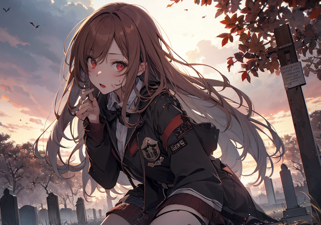 Realistic photos, Focus distance 10mm, Red and white, Beautiful girl, Realistic photos, Shooting at focus distance 10mm, masterpiece, 最high quality, high quality, Very detailed CG 8k wallpaper unit, Award-winning photography, Depth of written boundary, High resolution, bloom, chromatic aberration, Realistic, Very detailed, Art Station Trends, CGsociety Trends, Complex, High detail, dramatic, Art on the go, volumetric lighting, Beautiful girl in zombie cosplay in a cemetery on Halloween night, in a spooky atmosphere under the moonlight