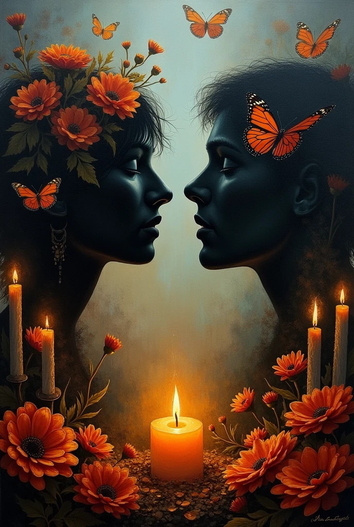 Oil painting alluding to the Day of the Dead of the Purepecha culture and with elements such as candles or copal, marigold and monarch butterfly, that includes two silhouettes of faces, one on the right side and another on the left side, each representing life and death