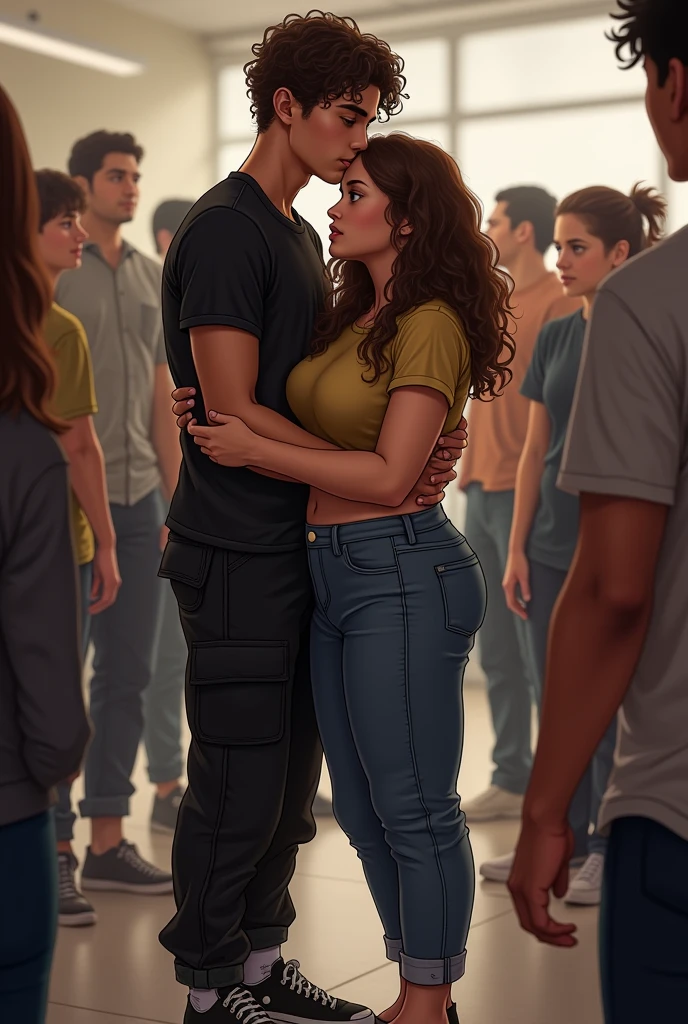 A tall brown boy with short curly brown hair in black cargo pants and a black shirt hugging a very white, short, fat girl with long curly brown hair in a cropped top and baggy pants who was being judged, people around laughing and a teacher helping 