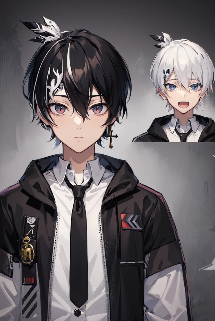 An anime boy with medium long hair, the right half of his hair is black and the left half of his hair is white