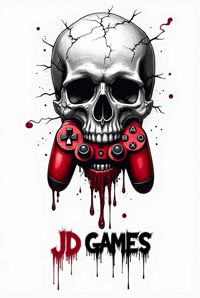 Black and white Facebook profile picture sized drawing with white background of a bleeding skull head with a red Playstation controller in its mouth, and below the skull is written JD GAMES in graffiti letters 