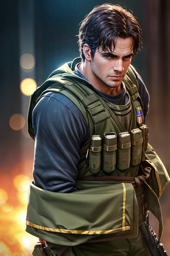 o ator Henry Cavill, fighting on the war front, rainy day in a multicam military uniform, wearing a Plate Carrier ForHonor American flag vest, with a military knife. (best quality, 4K, Cao Cao, master part:1.2), ultra detali, (Realistic, photorrealistic, photo-realistic:1.37), HDR, uhd, studio lighting, extreme detail description, proffesional, vivid colors, bokeh, portraite.