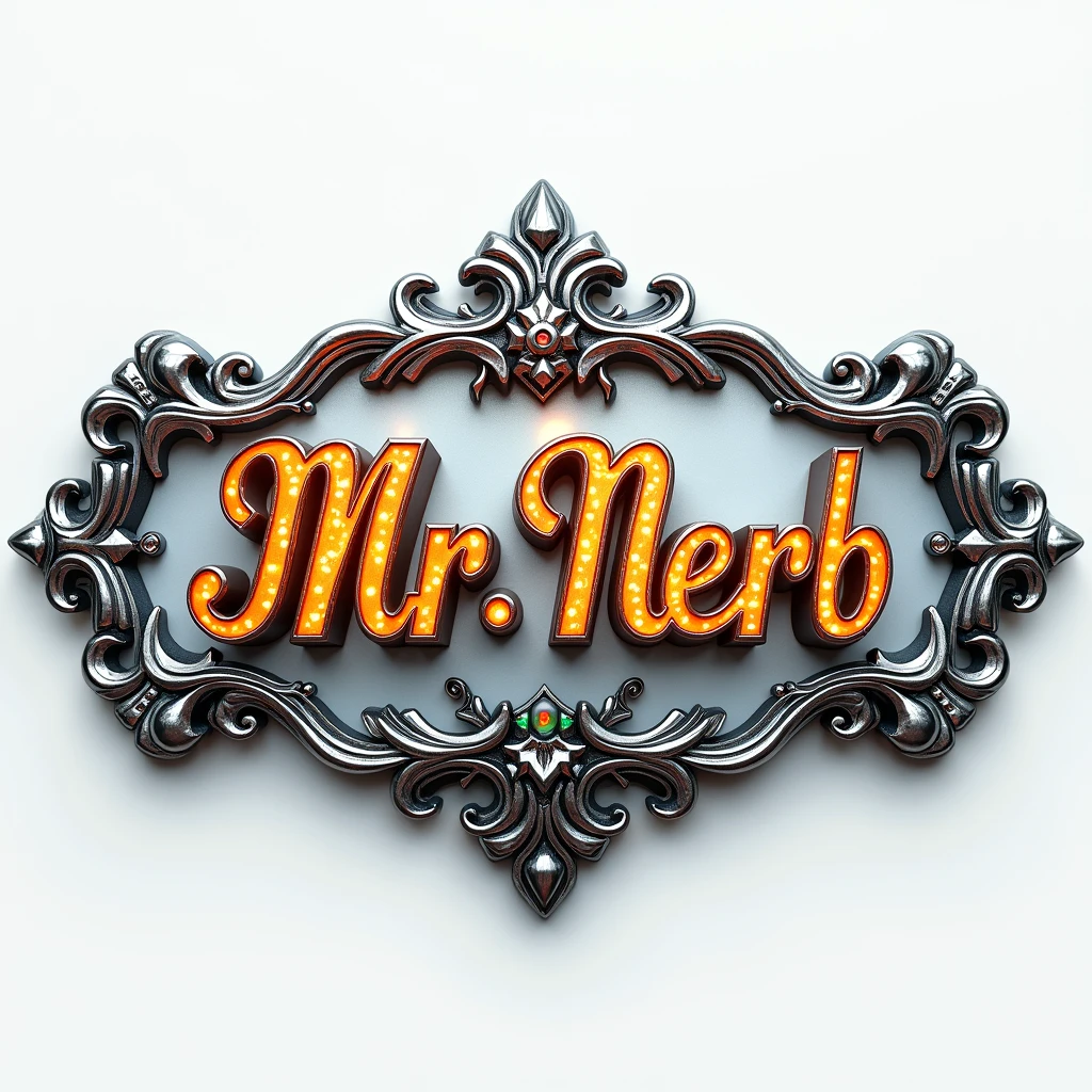 (text:"Mr Nerb") The words, in steampunk fancy script text direct lighting front face view, matching frame border flourishes, shiny mirror  polished reflective silver chrome with tropical reflection, vivid small coloured glowing glass decorative inserts, on white silk background, flowing shapes and flourishes, bright sparkling highlights on text, lens flare, logo, badge, emblem, insignia, label, photorealistic, extremely detailed, beautiful, unique, epic, cinematic,