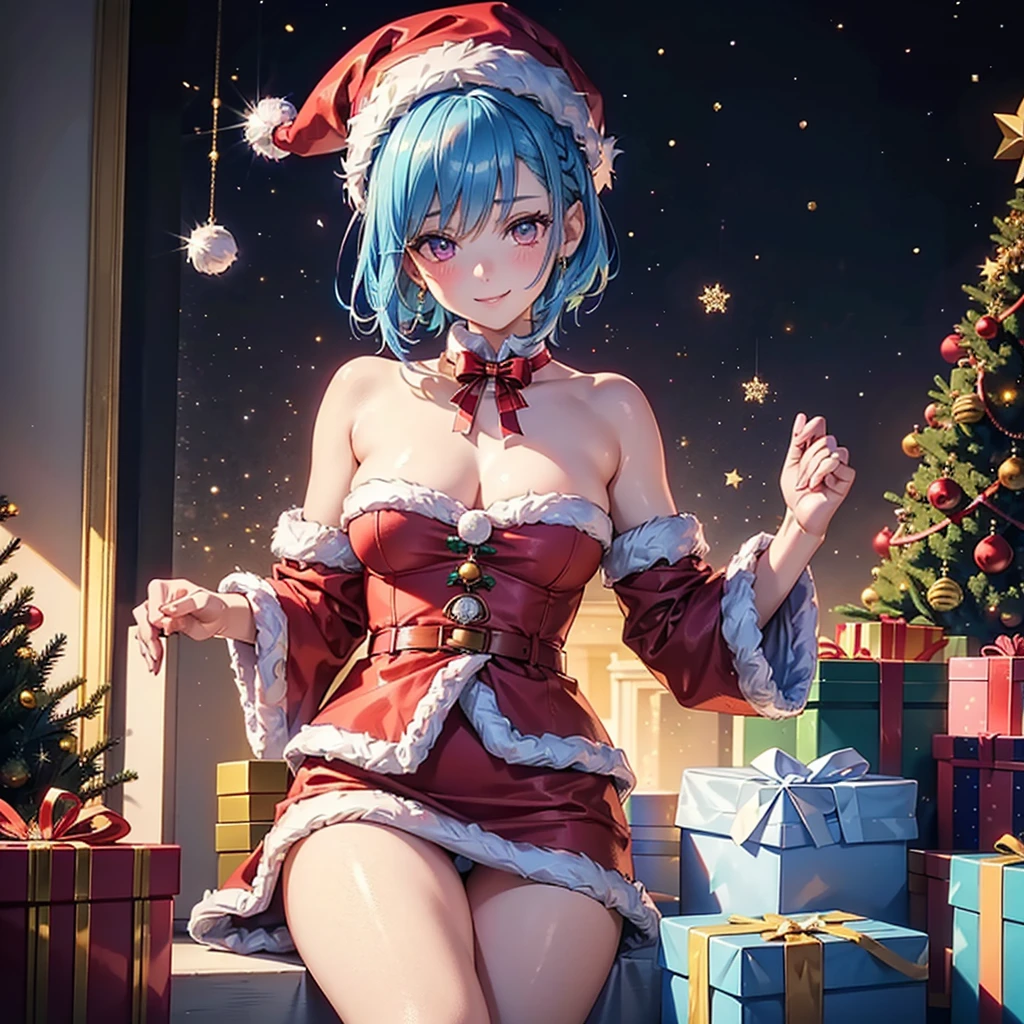 (Sky blue hair),(Braided short hair), (Pink Eyes),Fair skin) ,(whole body),(One Girl),(Gift boxes filling the background),(Santa Claus clothes),(Cute smile),Santa Claus hat,(Christmas Party),(masterpiece, Highest quality, Very detailed, Best Shadow), (Detailed Background), (Beautifully detailed face), High Contrast, (Best lighting, Very delicate and beautiful), ((Cinematic Light)), Hyper Detail,8k, Dramatic Light, Intricate details,(Christmas tree)