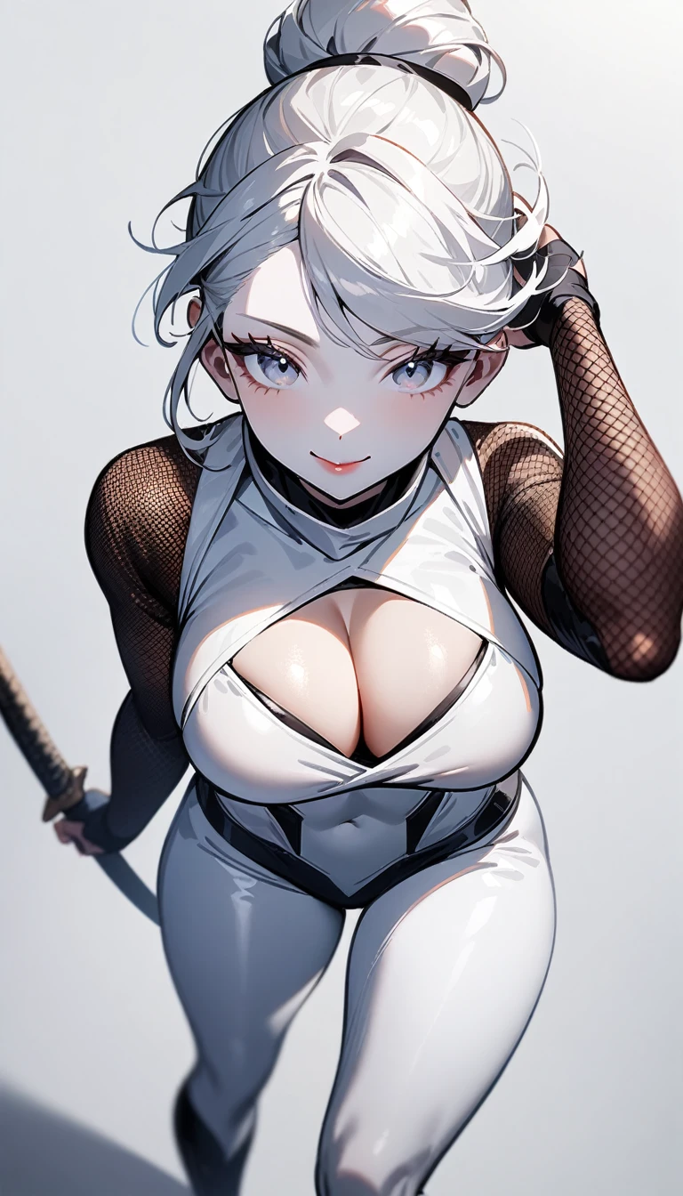 1girl,solo,super detailed skin,shiny skin,white skin,expressionless face,smile ,white hair,chignon,swept bangs,eyelashes,lips gloss ,large soft breasts,fullbodysuit,fishnet arms,cleavage cutout,ninja clothes ,cleavage cutout,model pose,hand in own hair,simple background,masterpiece,best quality,ultra detailed,high resolution,sharp focus