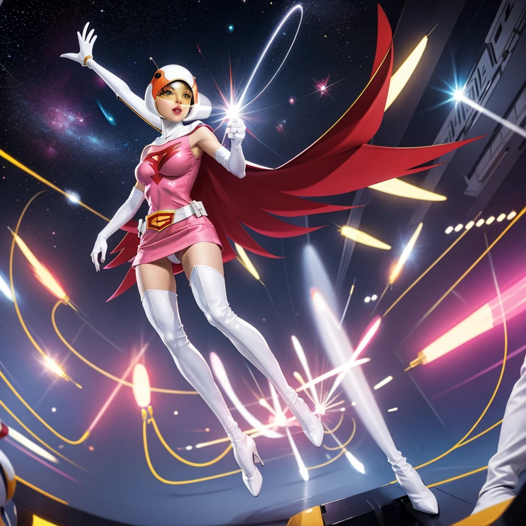 ANI_CLASSIC_jun_gatchaman_ownwaifu,1girl, yo,good anatomy, masterpiece, best quality, realistic, hyper realistic, 16k hdr, breasts, large breasts, lipstick, makeup, gloves, cape, helmet, belt, elbow gloves, white gloves, mask, ultra miniskirt, leotard, spacesuit, white tight overknee highheel boots, pink dress, superhero, bodysuit, cleavage, erected nipples,(sexy pose, from below:1.2),(spread legs:1.1),cameltoe