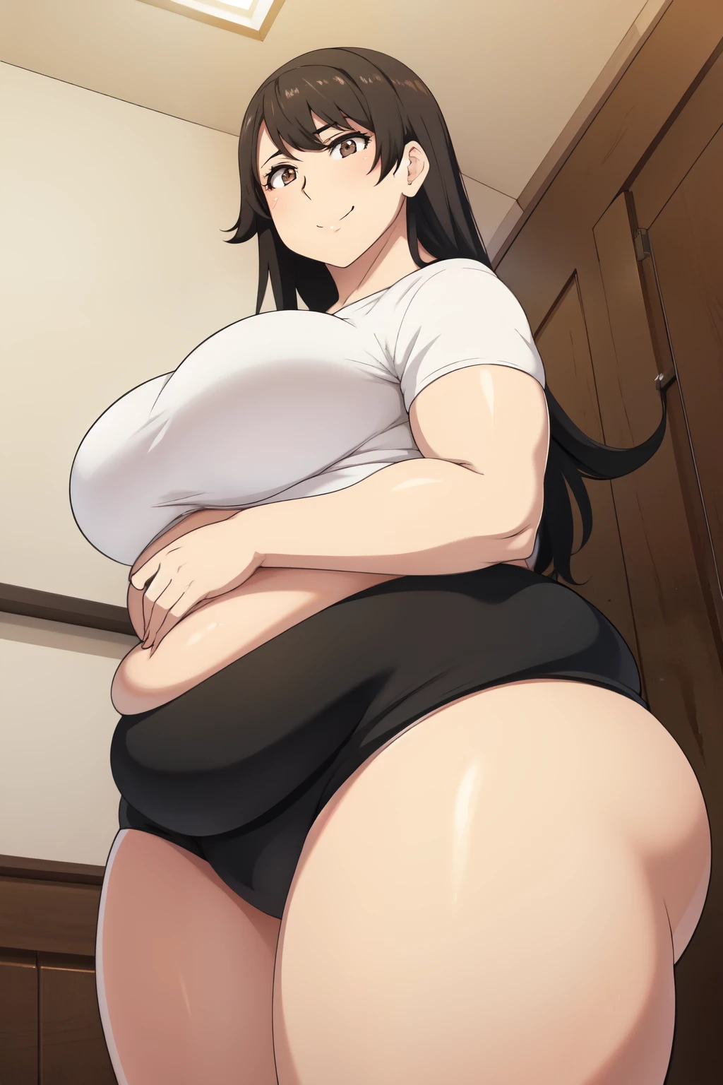 Plump year 21 big breasts black hair brown eyes happy longer hair smile blushing deredere seen from below