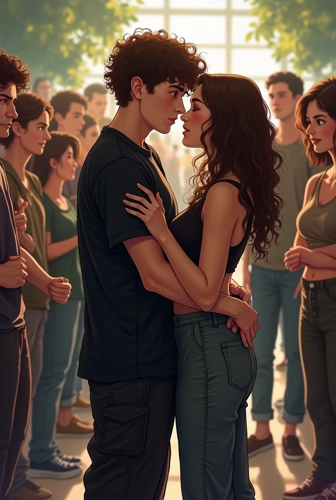 A tall brown boy with short curly brown hair in black cargo pants and a black shirt hugging a very white, short, fat girl with long curly brown hair in a cropped top and baggy pants who was being judged, people around laughing and a teacher helping