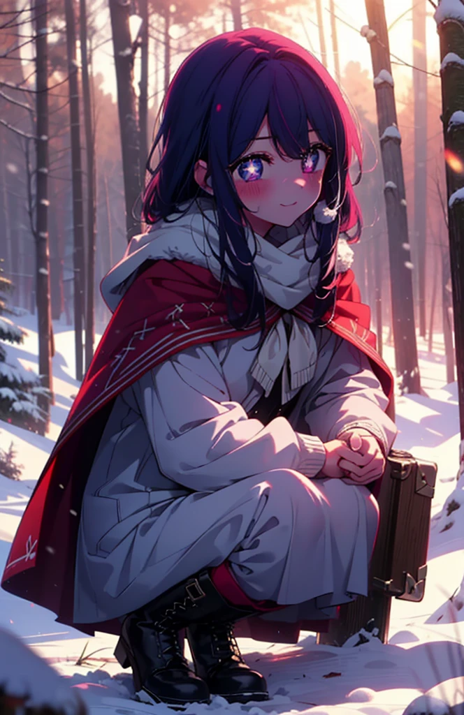 aihoshino, Ai Hoshino, Long Hair, bangs, (Purple eyes:1.1), Purple Hair, (Symbol-shaped pupil:1.5), smile,,smile,blush,white breath,
Open your mouth,snow,Ground bonfire, Outdoor, boots, snowing, From the side, wood, suitcase, Cape, Blurred, , forest, White handbag, nature, Squat, Mouth closed, Cape, winter, Written boundary depth, Black shoes, red Cape break looking at viewer, Upper Body, whole body, break Outdoor, forest, nature, break (masterpiece:1.2), Highest quality, High resolution, unity 8k wallpaper, (shape:0.8), (Beautiful and beautiful eyes:1.6), Highly detailed face, Perfect lighting, Highly detailed CG, (Perfect hands, Perfect Anatomy),