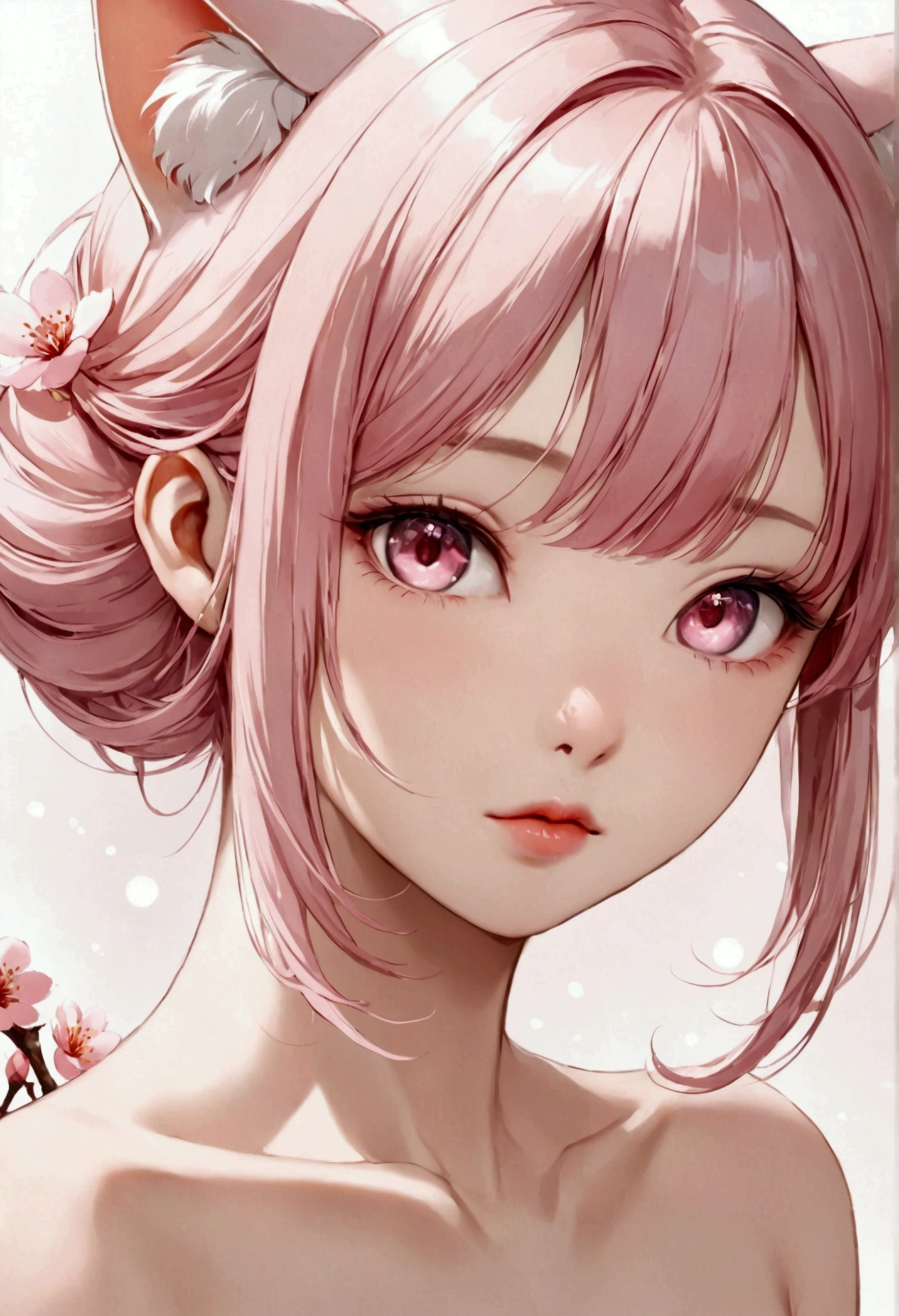 A gentle and lovely Chinese beautiful woman, delicate sexy collarbone, charming goose egg face, double eyelids, smart peach blossom eyes, pink lips, small upturned nose, bare shoulders, focused face, face close-up, ultra HD, super detail, full body photo, ultra-thin translucency, pink hair optimal proportions four fingers and one thumb, cat ears