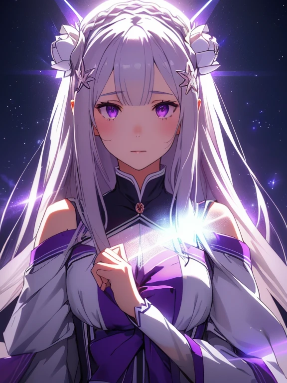 realistic, 1 girl, Emilia Lee:zero, crown blade, flower hair ornament, ×Hair ornament, gray hair, long hair, purple eyes,  particles of light, light, wallpaper