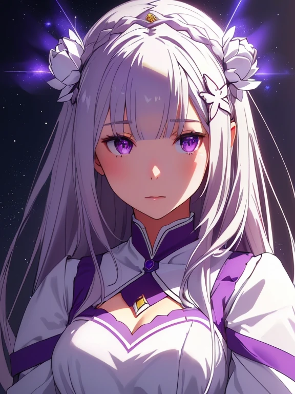 realistic, 1 girl, Emilia Lee:zero, crown blade, flower hair ornament, ×Hair ornament, gray hair, long hair, purple eyes,  particles of light, light, wallpaper