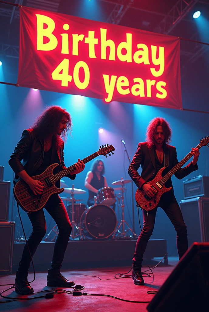 Creer une image sur un theme rock'n'roll avec des guitares de forme esp snakebyte . Il y aura une banderolle en haut avec ecrit dessus " Birthday 40 years "