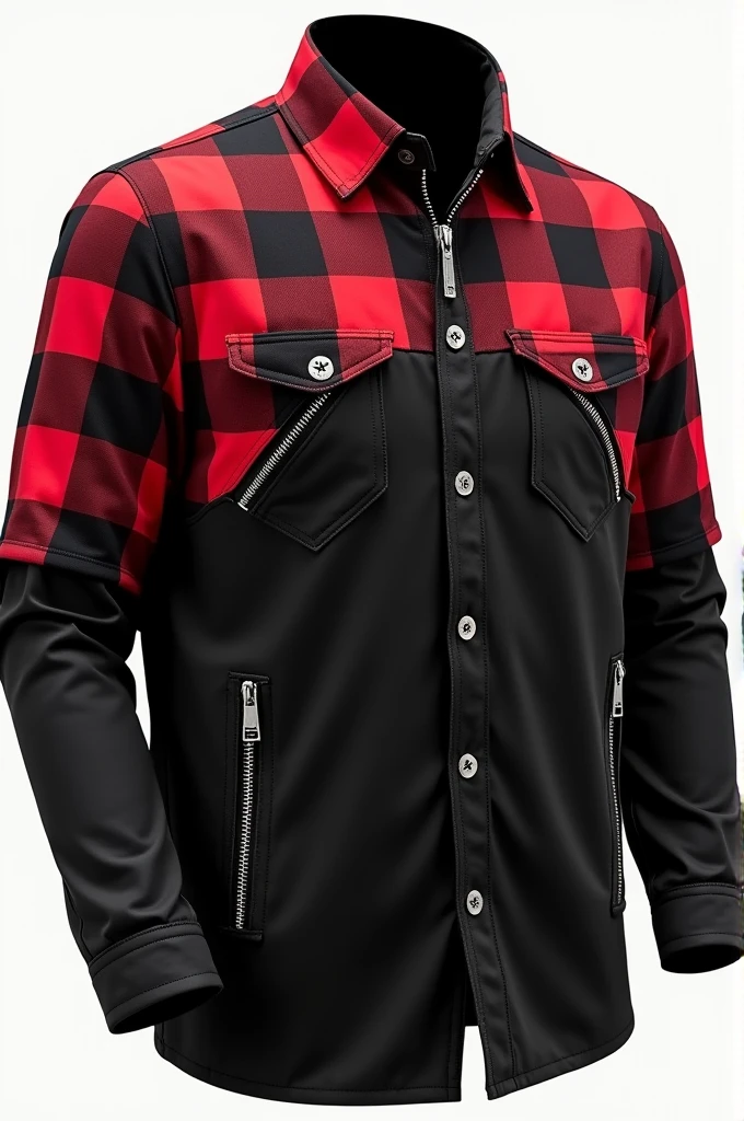 Raglan social shirt, with zipper on top, ons on the body in the center, open bottom without zipper or butt with black shirt body, with long sleeves black and red plaid all over, beginning of the black sleeve, bottom of the red and black checkered shirt, large red and black plaid collar, two zippered pockets, One on Each Side, men's fashion
