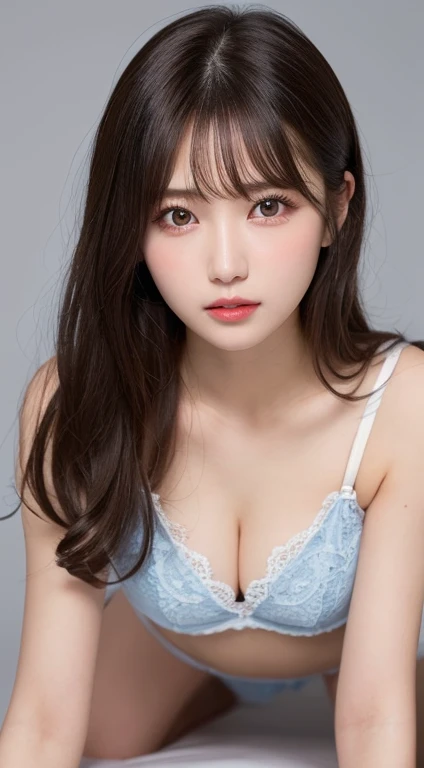 Tabletop, highest quality, Two Girls, (beautiful girl:1.3), (18-year-old:1.3), Very good eye clarity, (Symmetrical eyes:1.3), (Police Costume:1.2), Beautiful breasts,Big Breasts,Big Breasts,Visible cracks, Brown eyes, parted bangs, brown hair,Police uniform revealing cleavage,erotic,The finer details、Lace Underwear、On all fours、Lying down、light blue and white underwear、腕を上に上げている