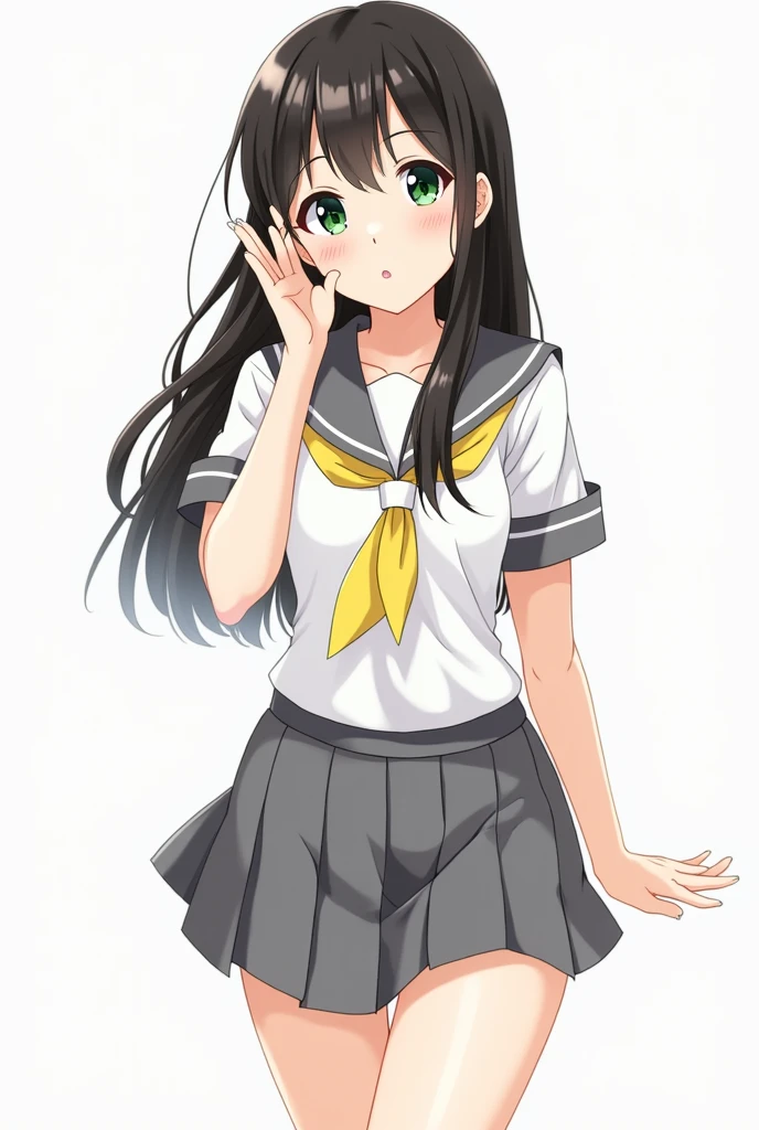 love live!,love live! sunshine!!,kurosawa dia,green eyes,hime cut,black hair,long hair,tsurime, love live! style, feet out of frame, best detailed girl, solo focus, posing, beautiful detailed fullbody, woman, 20 years old, long black hair, parted bangs, glossy hair, doyagao, flat chest best quality, love live! sunshine!!,gray skirt,white shirt,yellow sailor scarf,gray sailor collar,sleeveless,blow a kiss,wink