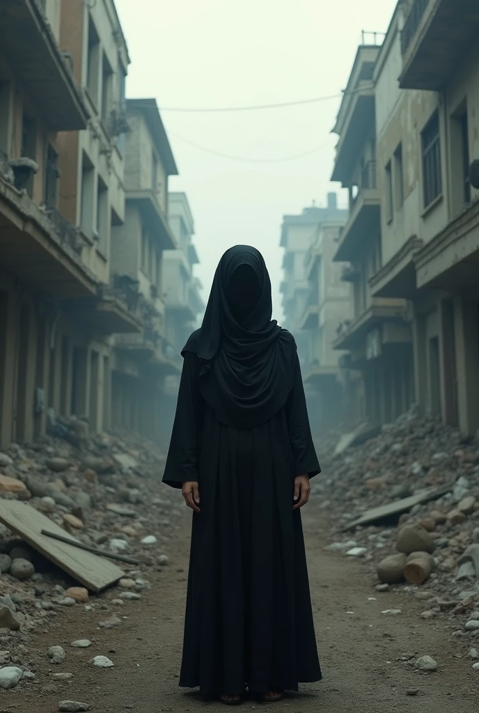 A person standing in the middle of a ruined city, The person has their face covered with a hijab