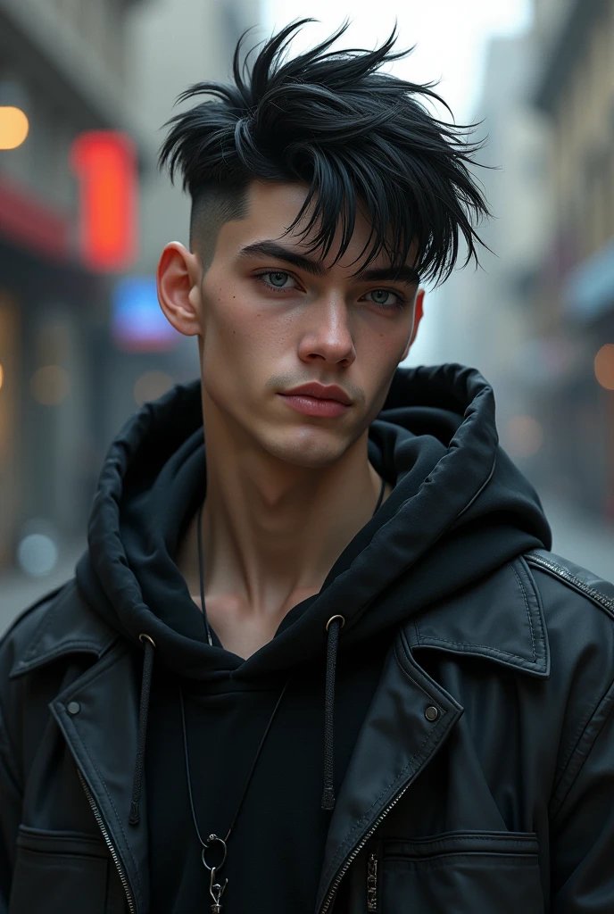 A young man, white skin and short black hair, with a cool haircut, gray blue eyes. Despite being young, he has a marked jaw., a treacherous smile. The face has a more rectangular shape, wears loose, dark clothes. Very urban style, half hip-hop. PICTURE REALISTIC.