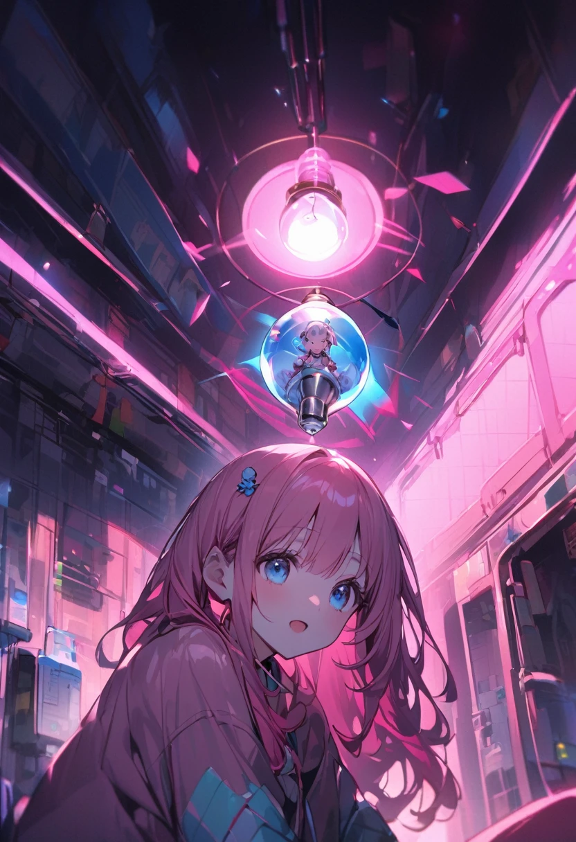 An idea strikes、A light bulb shines above my head、Girl with pink hair、blue eyes、Twin Drill、A scene from a movie