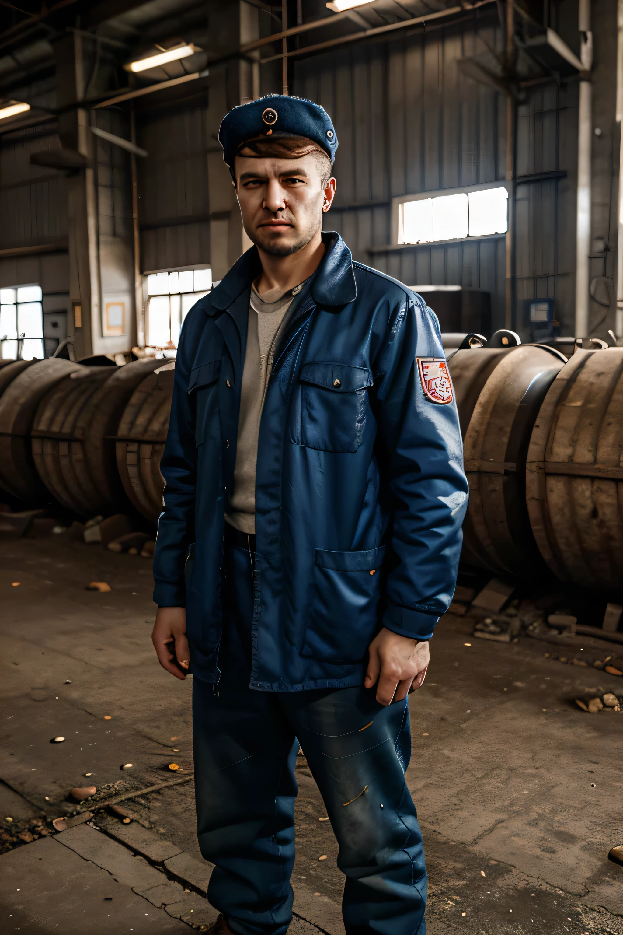 1 man, Russian Man, 30 years old, steel factory, wearing an old used worn out soviet outfit, soviet, Worker