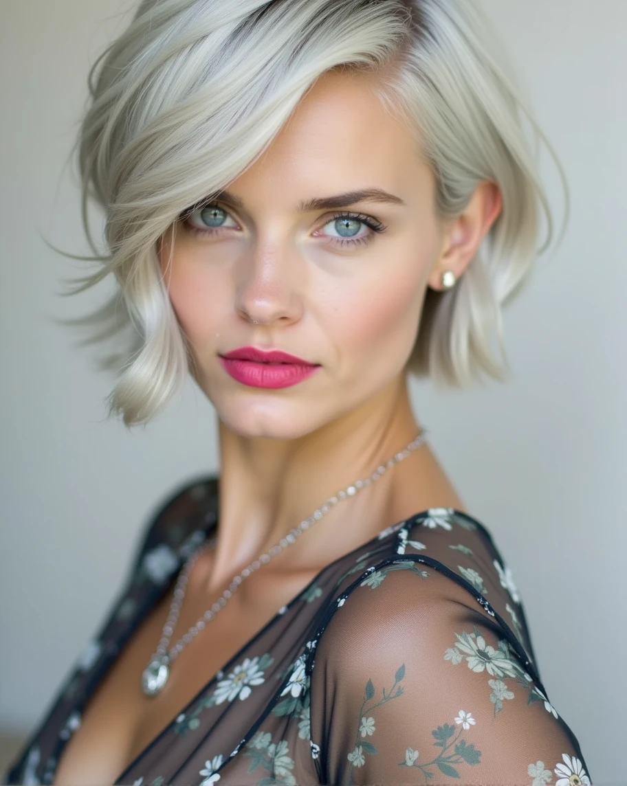 A woman with short, silver hair, styled in a chic, modern bob, looks directly at the camera with a confident and alluring expression. She is wearing a floral-patterned blouse and a delicate silver necklace, adding a touch of elegance to her look. Her eyes are a piercing blue, and her lips are painted a vibrant pink, adding a pop of color to her otherwise neutral palette. The background is a soft, muted gray, creating a sense of intimacy and focus on the subject.

[A portrait capturing the essence of confidence and elegance, reminiscent of the work of Annie Leibovitz], [Soft, diffused lighting, highlighting the textures of the woman's hair and clothing, with a blurred background, creating a sense of depth and focus on the subject. The colors are muted and natural, evoking a sense of sophistication and timeless beauty.]