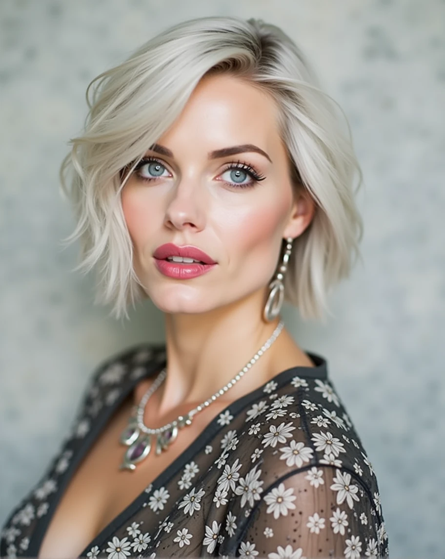 A woman with short, silver hair, styled in a chic, modern bob, looks directly at the camera with a confident and alluring expression. She is wearing a floral-patterned blouse and a delicate silver necklace, adding a touch of elegance to her look. Her eyes are a piercing blue, and her lips are painted a vibrant pink, adding a pop of color to her otherwise neutral palette. The background is a soft, muted gray, creating a sense of intimacy and focus on the subject.

[A portrait capturing the essence of confidence and elegance, reminiscent of the work of Annie Leibovitz], [Soft, diffused lighting, highlighting the textures of the woman's hair and clothing, with a blurred background, creating a sense of depth and focus on the subject. The colors are muted and natural, evoking a sense of sophistication and timeless beauty.]