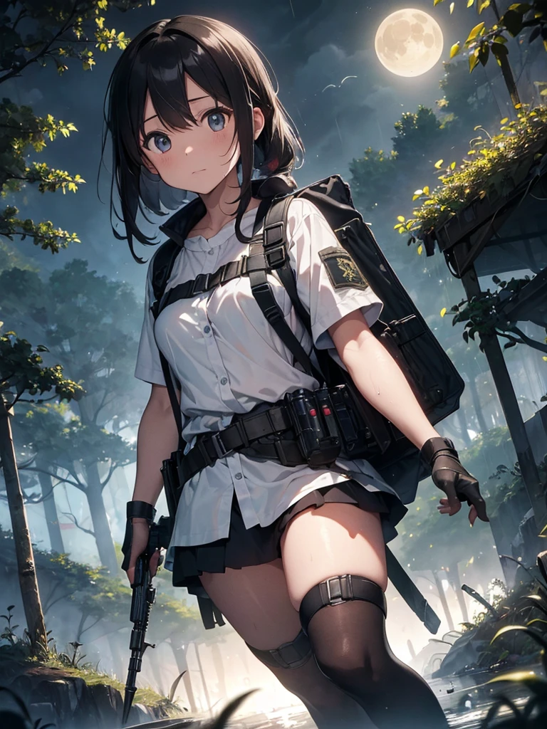(masterpiece, best quality:1.2), 1 girl, solo, Tactical knight, light armor, tactical equipment, tactical straps, leather equipment, tactical accessories, knight accessories, 1girl, medieval background, tactical armored boots, light equipment, 1girl, tactical explorer equipment, tactical command equipment, tactical combat equipment, tactical straps, mission cover in the jungle during storm, tactical assault, hunting the target, night jungle background, moon in the sky, rain night, dynamic background, aim at the target, assault rifle, ready to shoot pose, on the branch of a tree, attention to detail, masterpiece, dark clothes, full body, darkness night, clothes slightly wet from the rain, dark night, dark jungle, night jungle, rain night, clothes slightly wet, dark background, light equipment