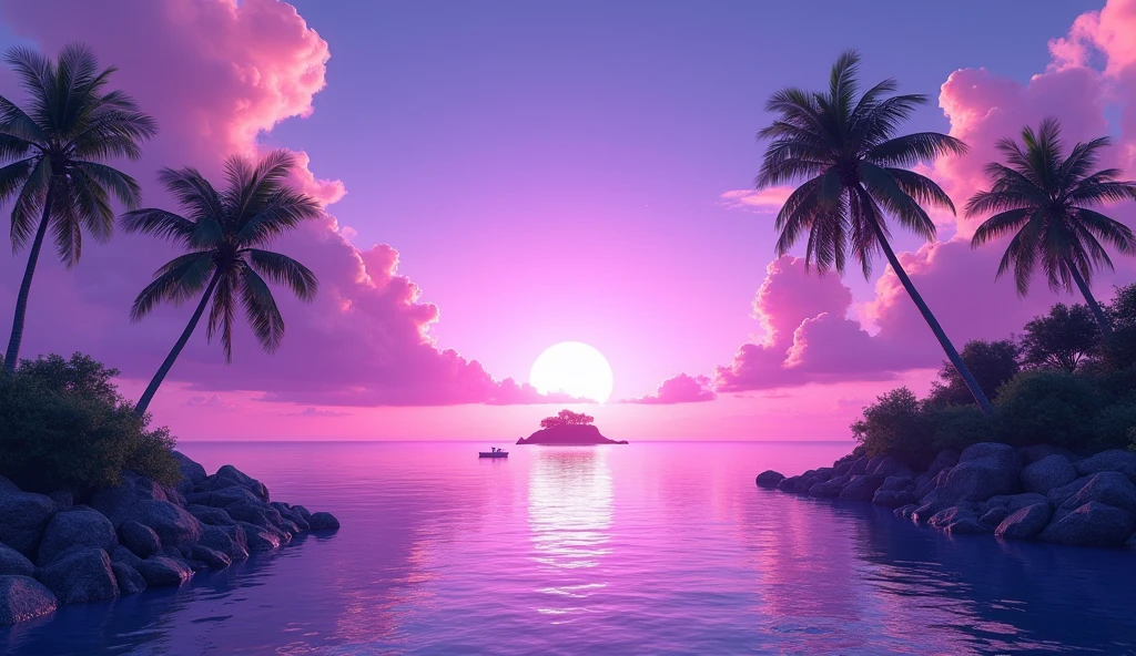 A beautiful vaporwave landscape, palm trees, a serene ocean, a vibrant purple sky with clouds, an island in the distance, a small boat on the water, high quality, ultra-detailed, 8k, hyper-realistic, photorealistic, concept art