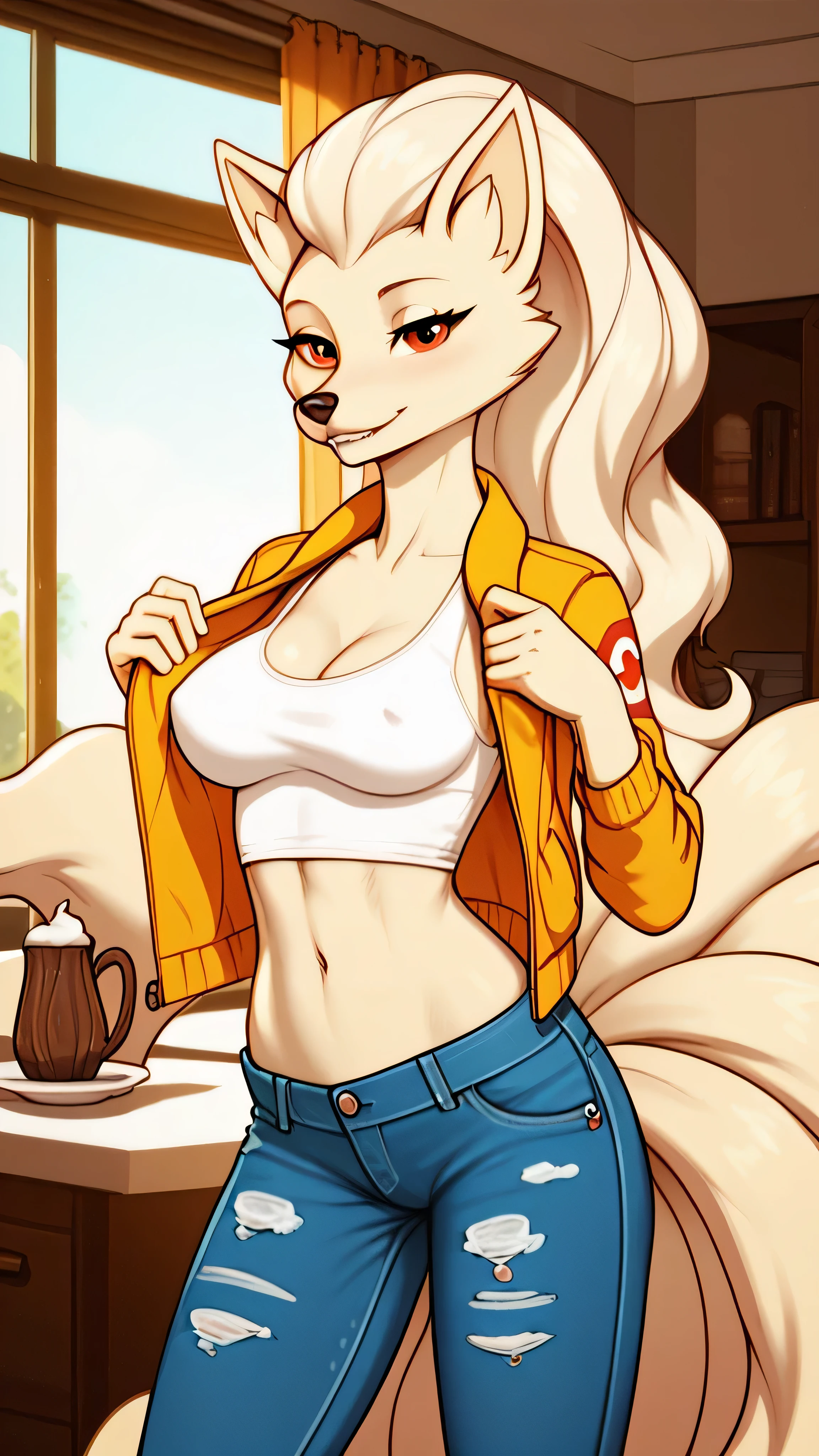 ((best quality)) Solo, score_9,score_8_up,score_7_up, source_furry, Pokemon an Anthro furry Ninetales female, beautiful, red eyes, Wearing a sweatshirt and over it a sleeveless denim jacket and white loose denim pants, standing, looking at you and biting slightly her lower lip and with intrest, in living room, D cup size breasts,
