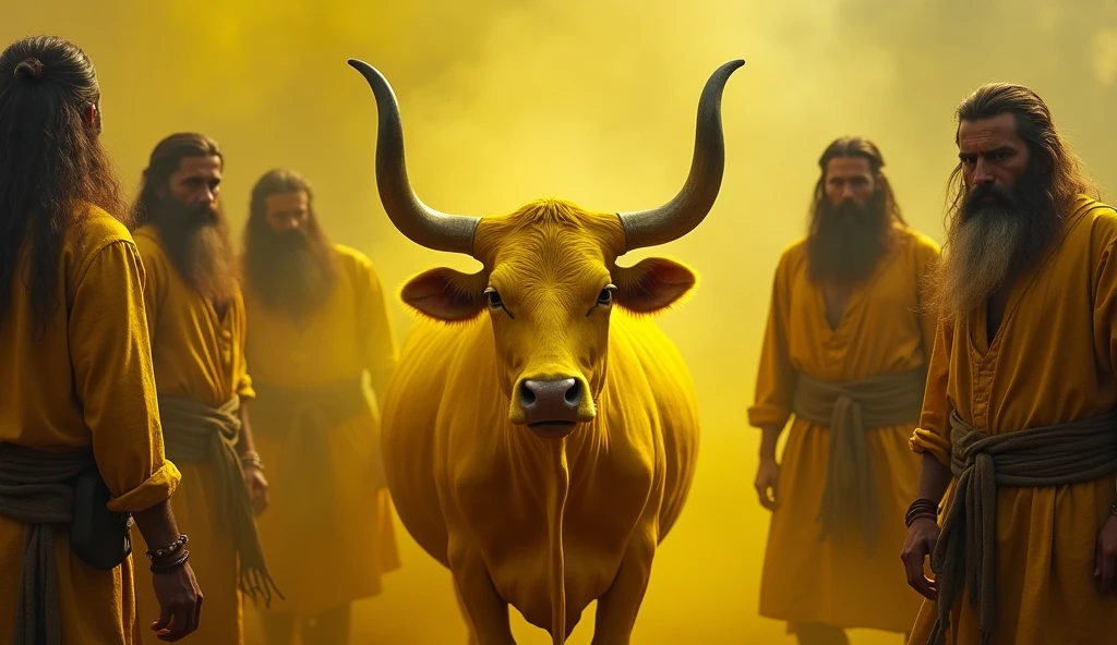 ghost, aesthetic nightmare  Realistic picture of a bright yellow cow surrounded by men in traditional old clothes, long hair and belts  