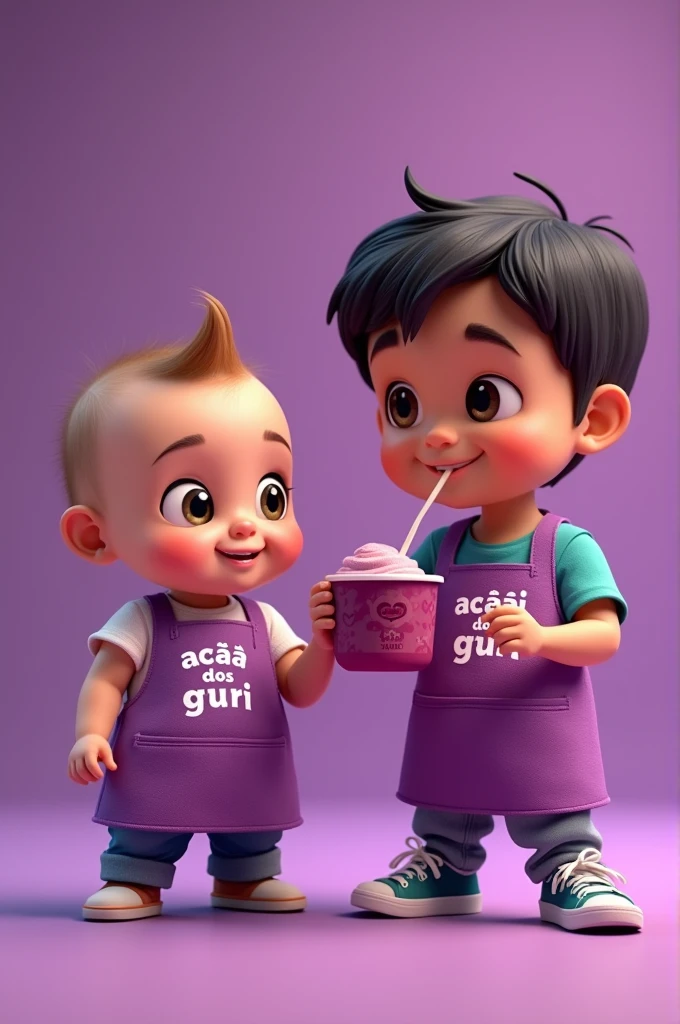 A 4 month old baby with light eyes and hair, facing forward holding a cup of açaí, wearing a purple apron with the words açaí dos guri written on it. And a 4 year old boy with dark hair and eyes , wearing an apron with the words açaí dos guri written on it. Photo for a commercial selling açaí, enhance the purple background. Cartoon style photo