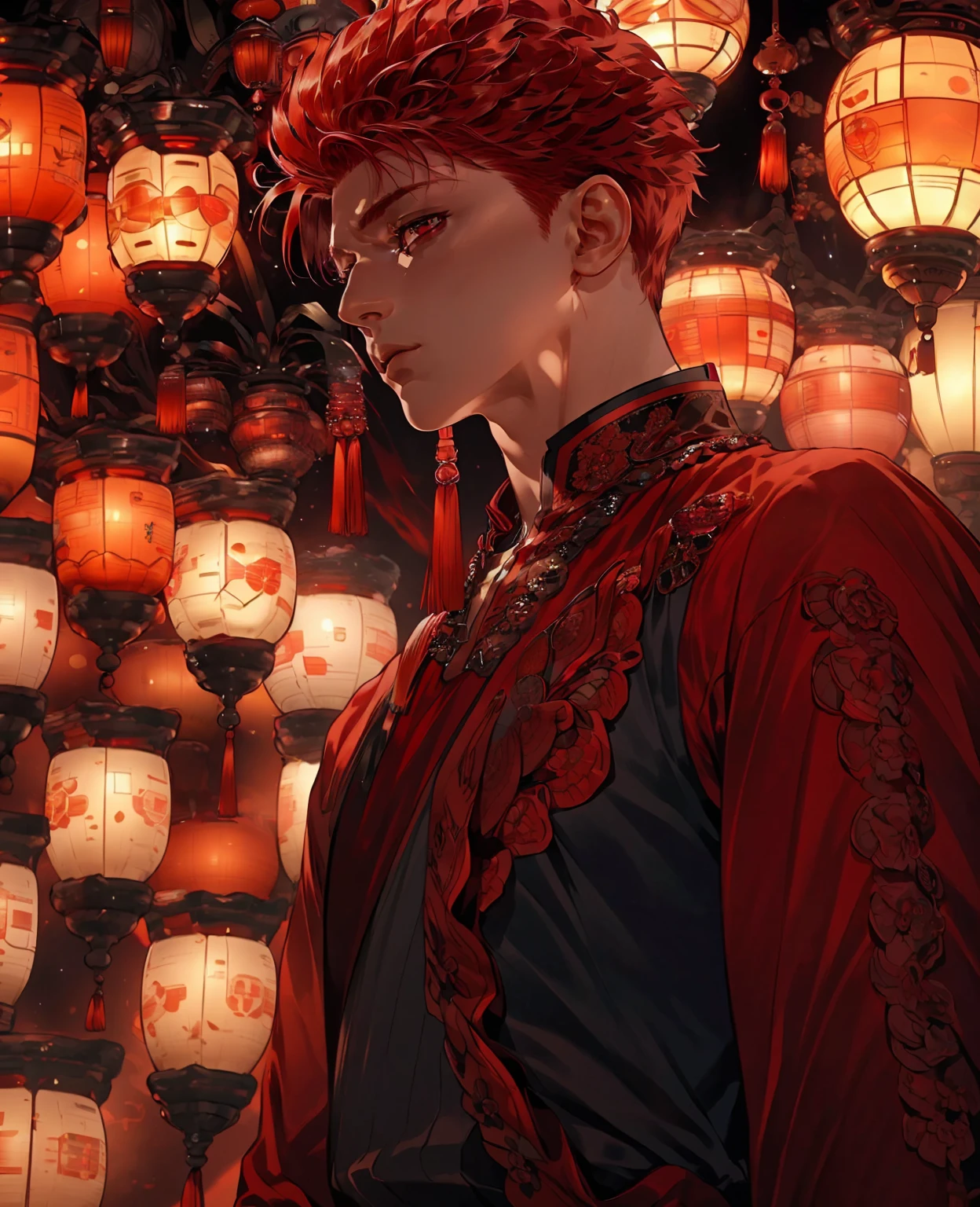 a young man with red hair and red eyes, wearing normal village clothes, detailed face, intricate details, (best quality,4k,8k,highres,masterpiece:1.2),ultra-detailed,(realistic,photorealistic,photo-realistic:1.37),vibrant colors,natural lighting,detailed background,cinematic lighting,highly detailed character,solo shot,striking pose,powerful expression